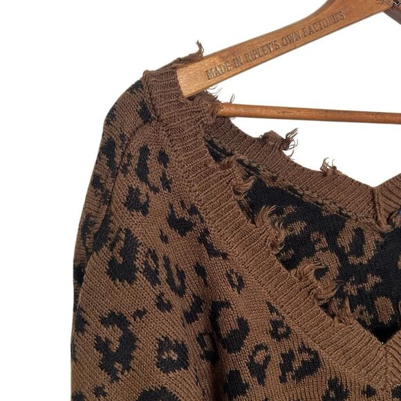 Freshman 1996 Leopard Print Distressed Cropped V-neck Sweater Brown Black Large - Picture 3 of 6
